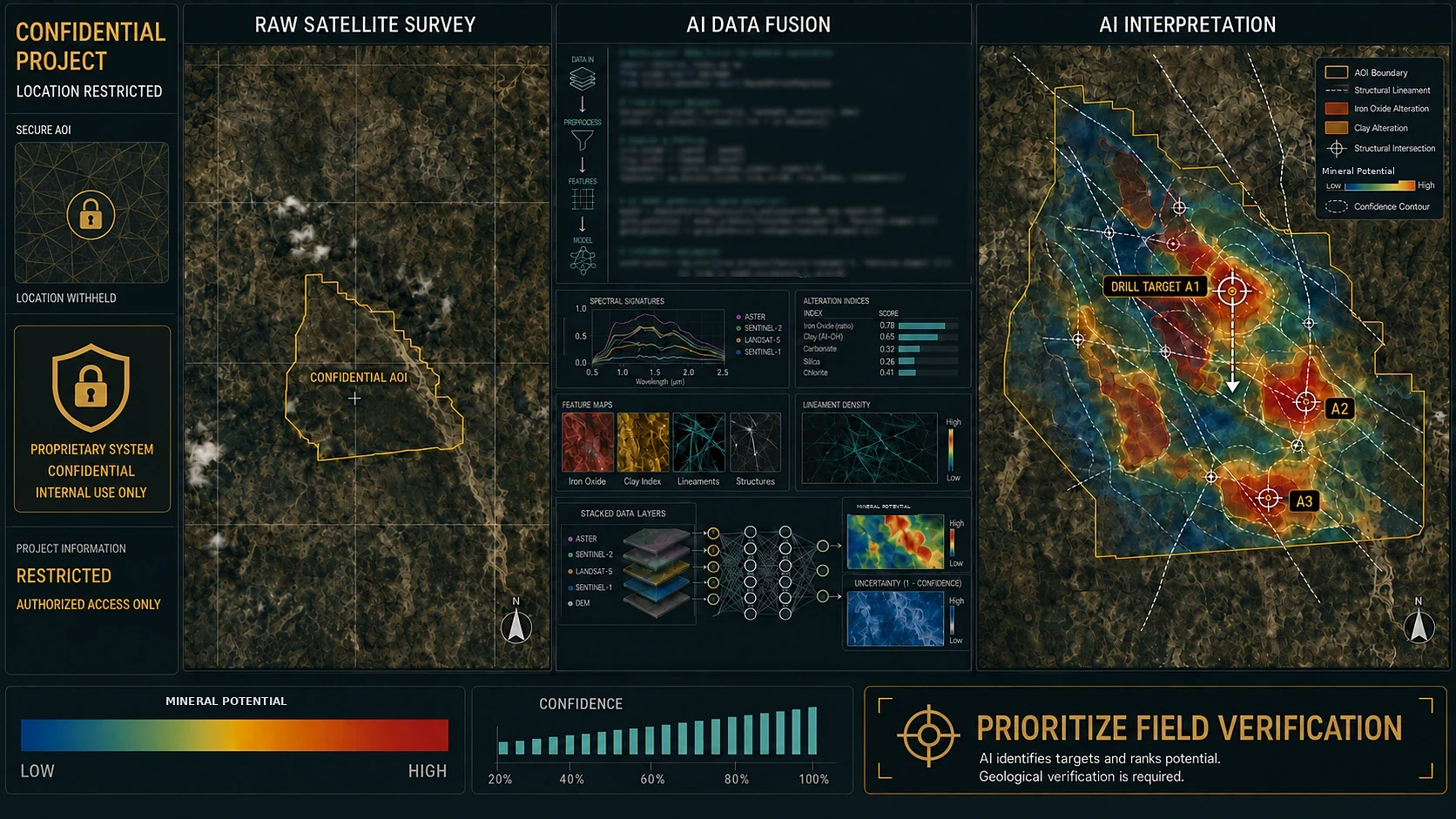 Raw satellite survey, multi-sensor data fusion, and the ranked interpretation that comes out of it. Location and code redacted — the method is ours.