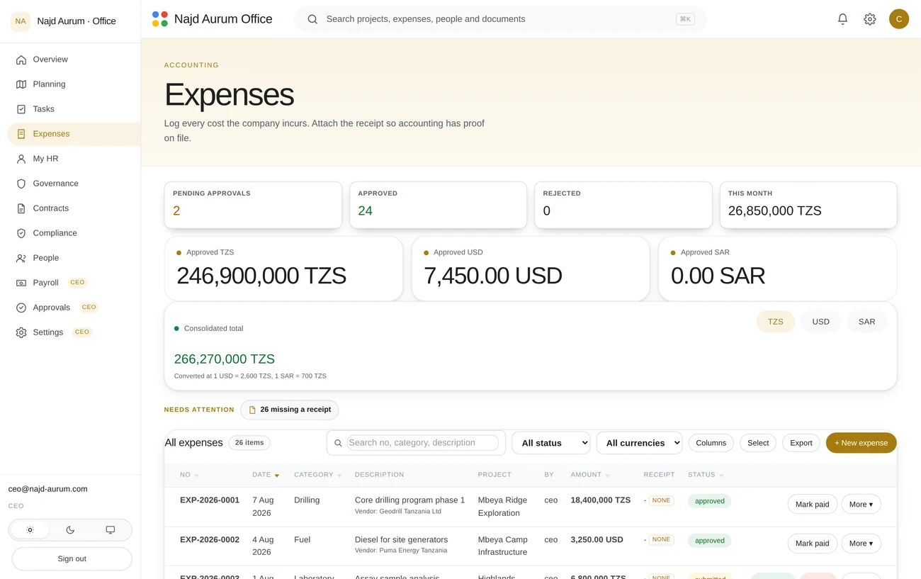 The expense ledger, with each currency shown on its own